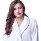 Soft white women's plush bathrobe by Plush Fashion Hub, front view showing cozy, plush fabric and relaxed fit.