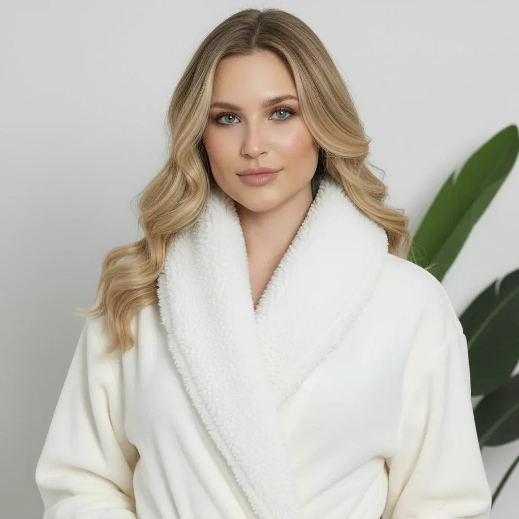 Front view of a small white women's ultra-soft plush bathrobe from Plush Fashion Hub, showing its cozy, comfortable fit.