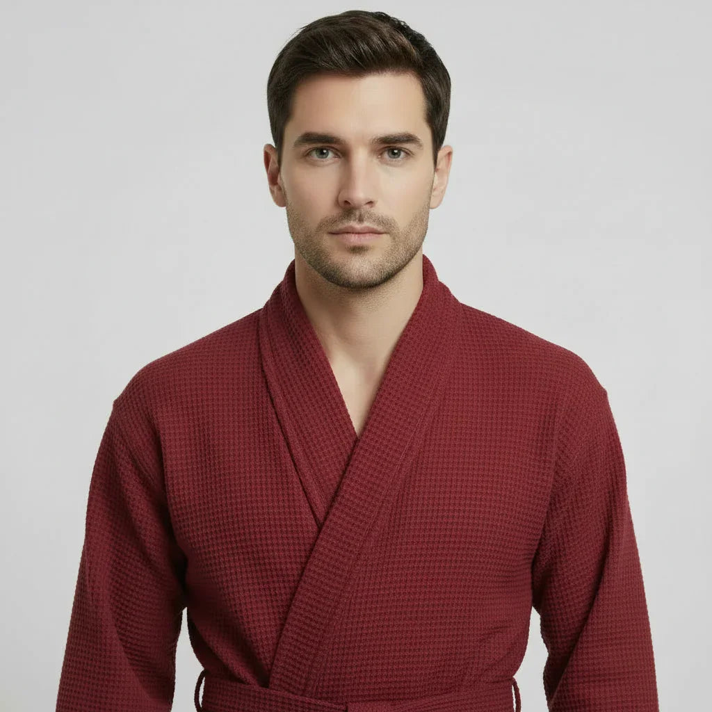 Wine-red men's waffle spa bathrobe by Plush Fashion Hub, front view showing absorbent, lightweight fabric and relaxed fit.