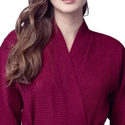 Wine-red lightweight women's waffle robe by Plush Fashion Hub, featuring quick-dry, spa-style comfort and front design.