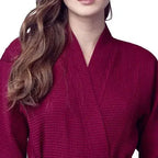 Wine-red lightweight women's waffle robe by Plush Fashion Hub, featuring quick-dry, spa-style comfort and front design.