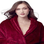 Women's plush bathrobe in wine red from Plush Fashion Hub, showing the front view with soft, cozy fabric and a relaxed fit.
