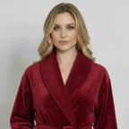Women's plush bathrobe from Plush Fashion Hub in wine red, featuring a soft, cozy front view perfect for lounging.