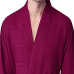 Wine-red Plush Fashion Hub waffle spa bathrobe for men, lightweight and absorbent, shown from the front.