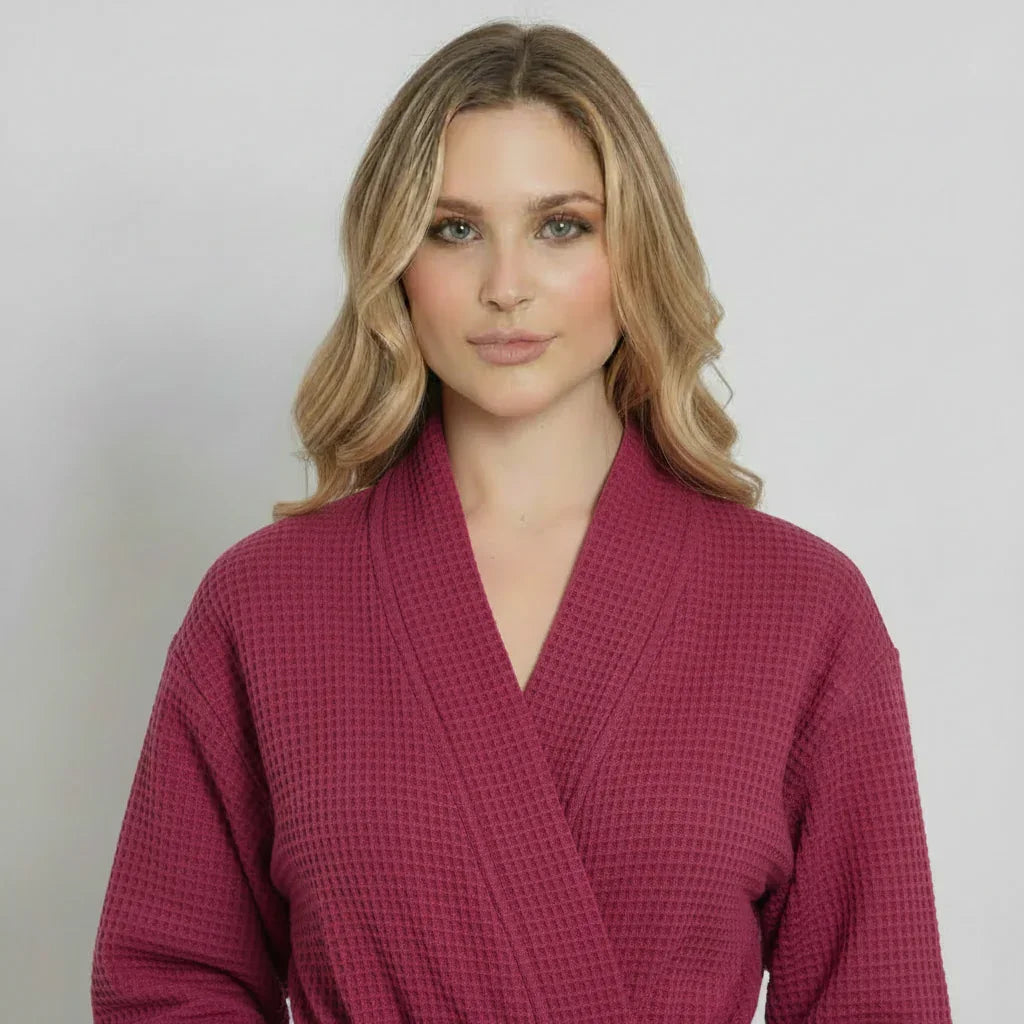 Wine-red women's waffle robe from Plush Fashion Hub featuring a lightweight, quick-dry spa comfort design, shown from the front.