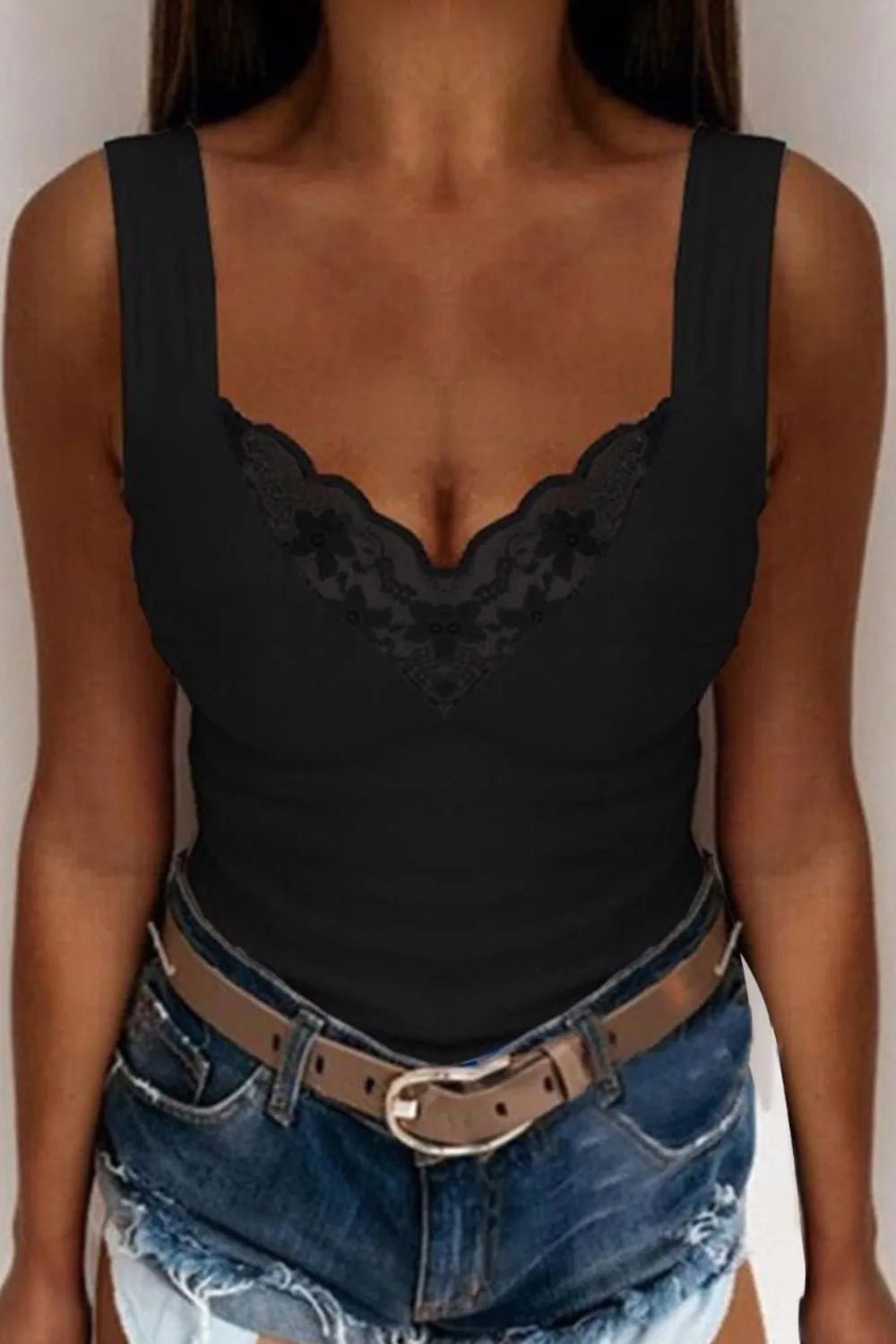 Plus size women's lace trim V-neck tank top from Plush Fashion Hub, sleeveless camisole with soft stretch fabric and lace detail.