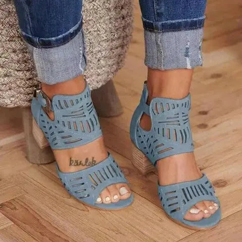 Women's floral cutout chunky heels sandals by Trendy Attic Store01, featuring open design and stylish floral accents.