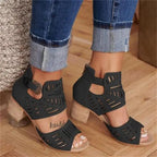 Cutout floral chunky heel women's sandals by Trendy Attic Store01, featuring open-toe design with floral cutouts and a sturdy heel.