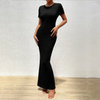 Elegant solid color slim fit round neck women's dress by Trendy Attic Store01, showcasing a stylish and form-fitting silhouette.