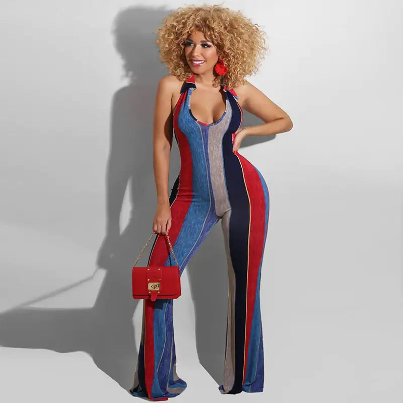 Women’s striped halter jumpsuit with horns detail, trendy and bold fashion piece by Trendy Attic Store01.