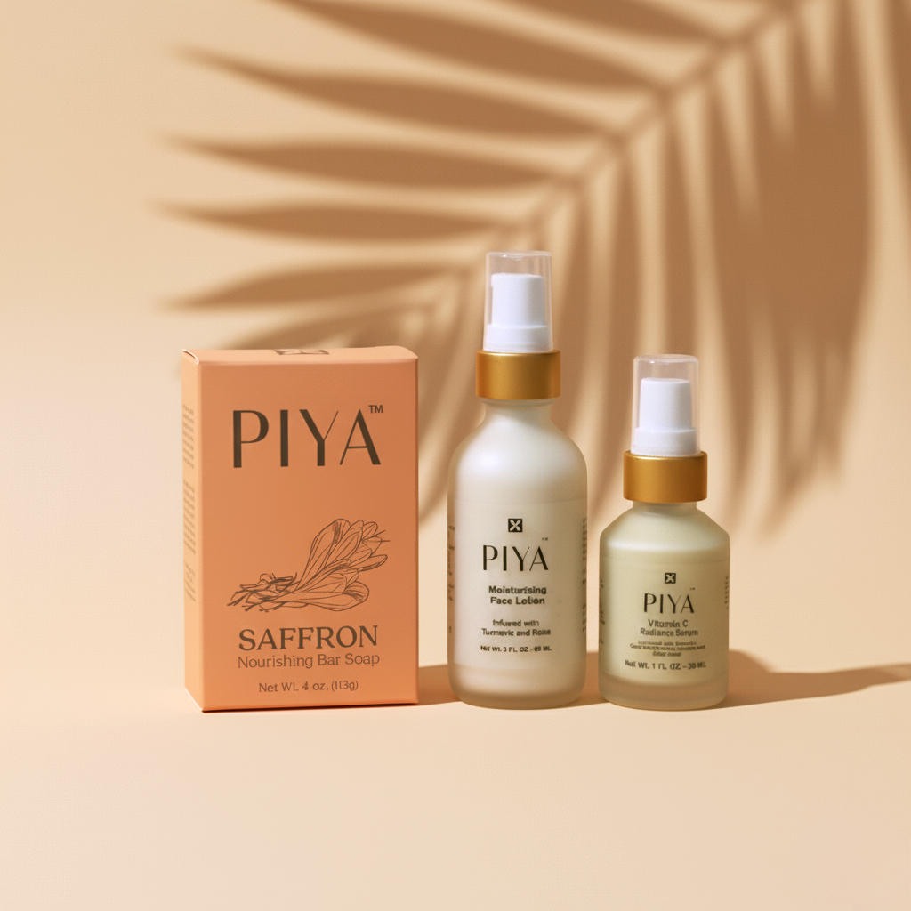 PIYA Beauty saffron and turmeric glow ritual set with skincare products in elegant packaging, designed to enhance skin radiance.