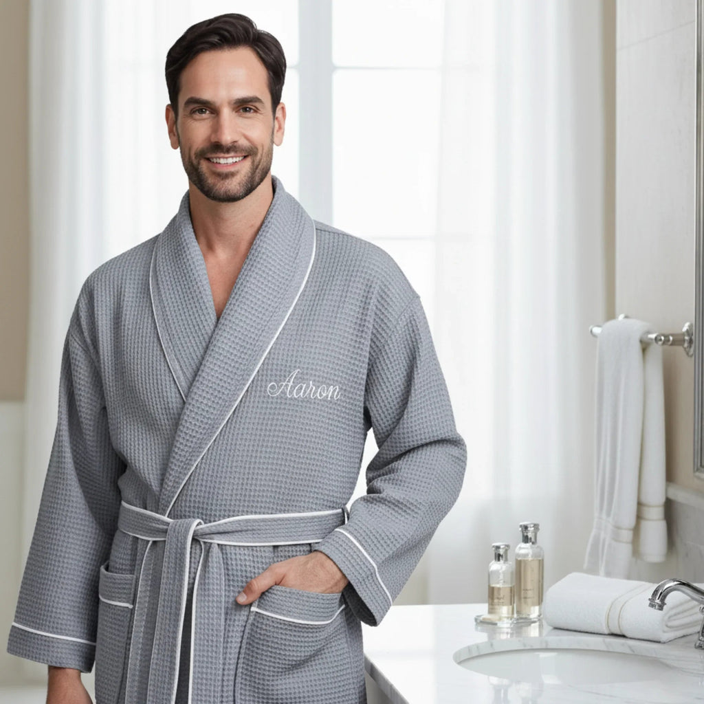 Gray men's piping robe from Plush Fashion Hub featuring a premium waffle fabric and comfortable design.