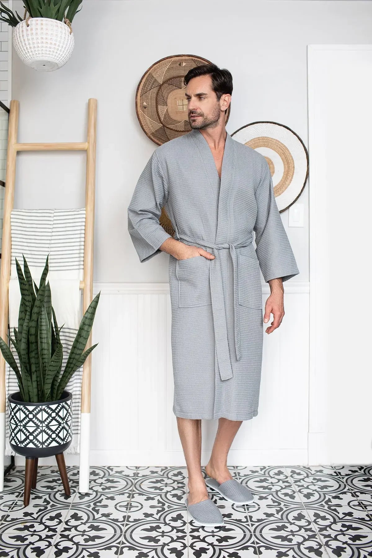 Gray plush men's waffle spa bathrobe from Plush Fashion Hub, lightweight and absorbent, ideal for comfortable post-shower wear.