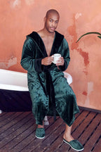 Green men's hooded robe from Plush Fashion Hub, made of ultra-soft plush fabric for comfortable everyday wear.