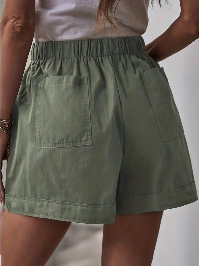 Light beige minimalist women's drawstring shorts with side pockets, casual style, from Trendy Attic Store01.