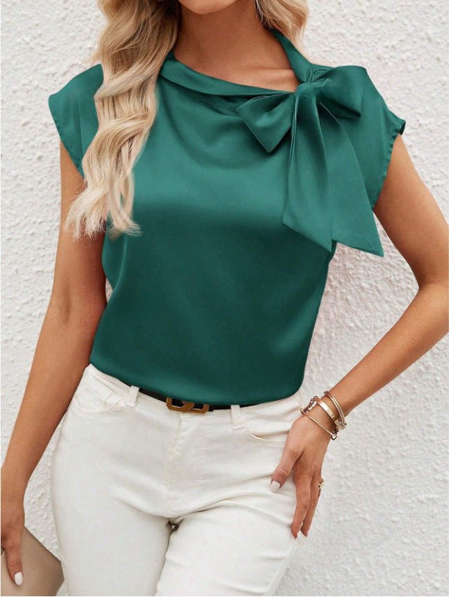Bella Mia satin women's T-shirt featuring a half-open collar with a bow and special interest design, stylish and elegant.
