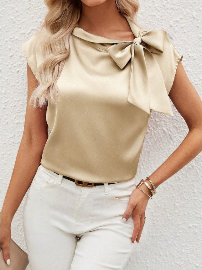 Bella Mia satin women's T-shirt with a half-open collar, bow detail, and special interest design, stylish and elegant.