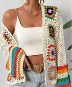Hand-crocheted knitted cardigan for women by Plush Fashion Hub, featuring cozy, textured knit with long sleeves and open front design.