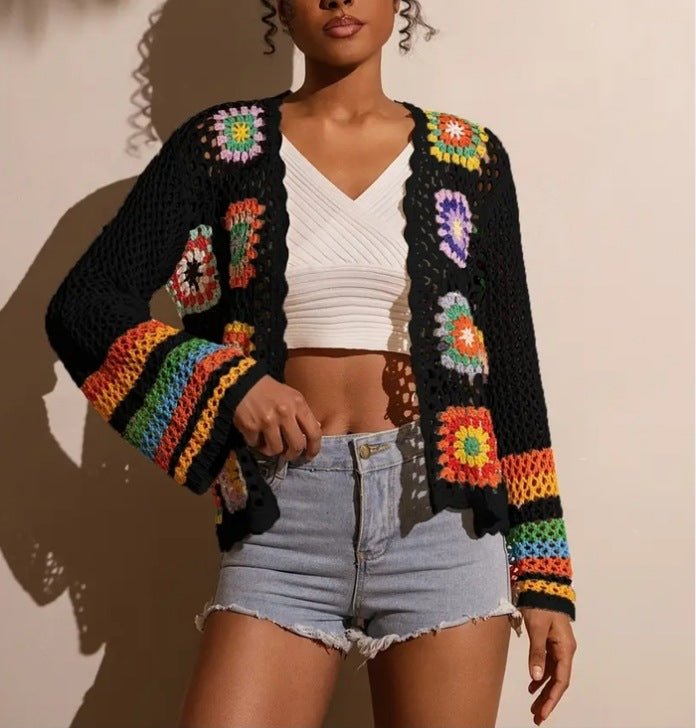 Hand-crocheted knitted women's cardigan in soft yarn, featuring a cozy, stylish design from Plush Fashion Hub.