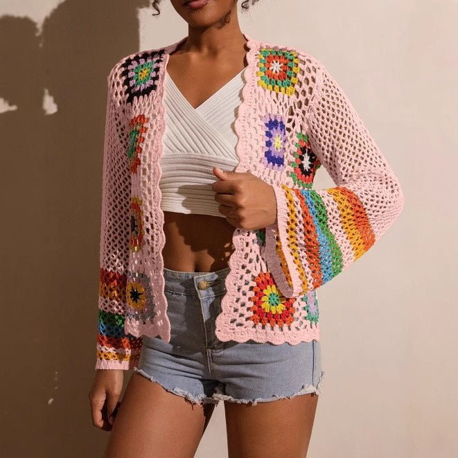 Hand-crocheted knitted women's cardigan by Plush Fashion Hub, featuring cozy, textured knit with long sleeves and open front design.