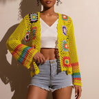Hand-crocheted knitted women's cardigan in soft yarn with a cozy, textured design from Plush Fashion Hub.