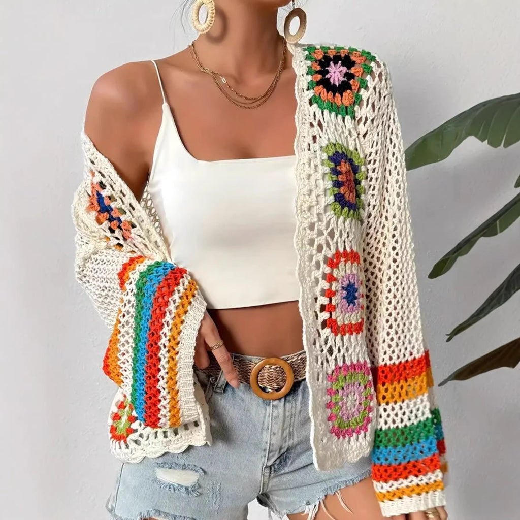 Hand-crocheted knitted women's cardigan by Plush Fashion Hub, featuring cozy, textured design and long sleeves.