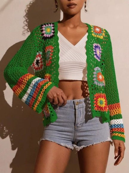 Hand-crocheted knitted women's cardigan in soft yarn, featuring a cozy design and button-up front from Plush Fashion Hub.