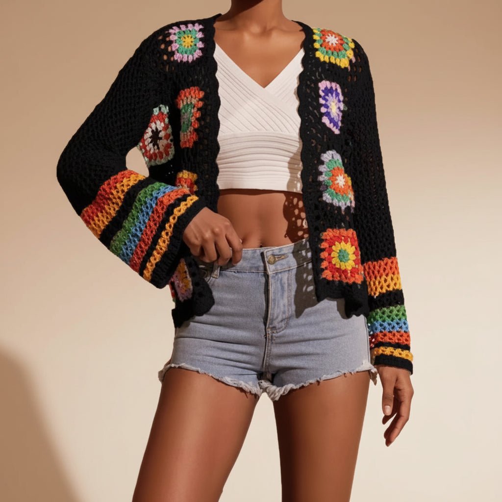 Hand-crocheted knitted women's cardigan in soft yarn, featuring a cozy, stylish design from Plush Fashion Hub.