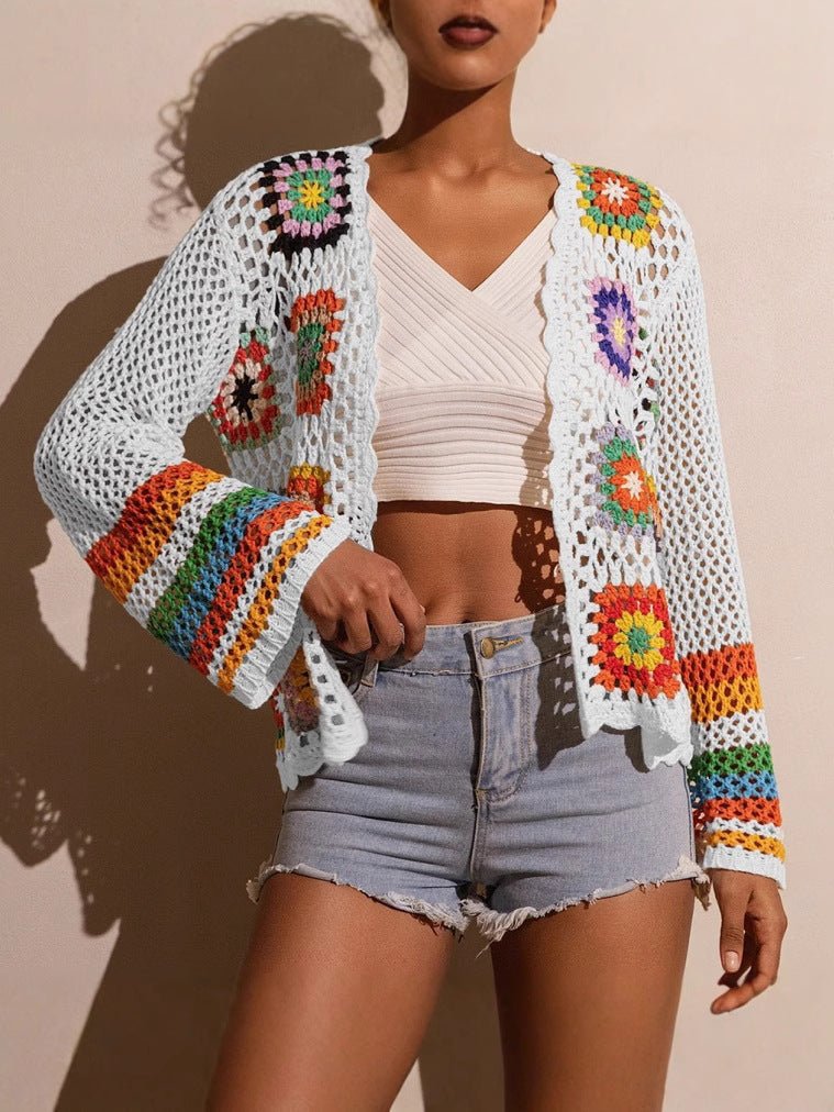 Hand-crocheted knitted women's cardigan by Plush Fashion Hub, featuring cozy, textured knit with long sleeves and button closure.