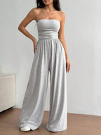 High-waist wide-leg pants and tube top set in six colors, casualwear by Plush Fashion Hub, available in sizes S to 2XL.