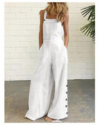 High-waisted sleeveless wide-leg denim jumpsuit by Plush Fashion Hub in 8 colors, size S to 2XL, casualwear style.
