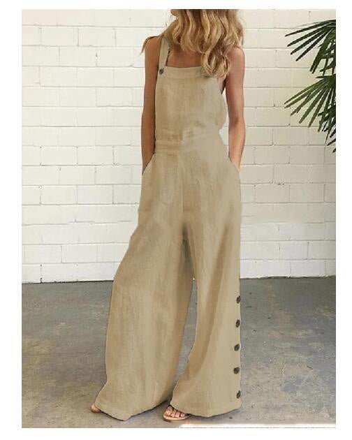 High-waisted sleeveless denim jumpsuit with wide-leg design in various colors, available in sizes S to 2XL.
