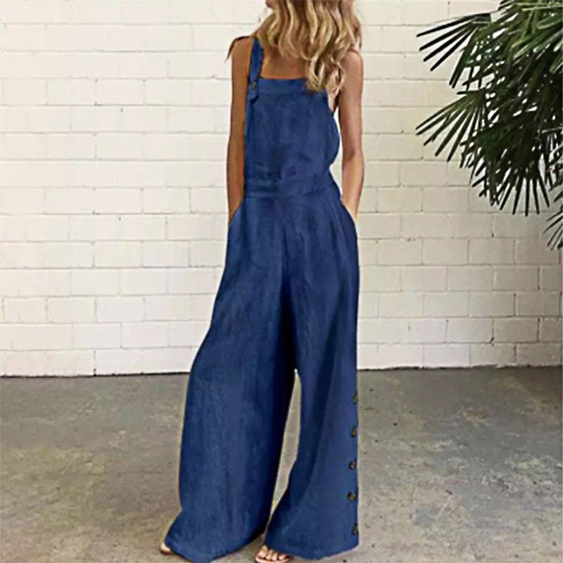 High-waisted sleeveless denim jumpsuit with wide legs in 8 colors, available in sizes S to 2XL, by Plush Fashion Hub.