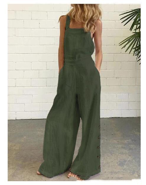 High-waisted sleeveless denim jumpsuit with wide-leg design in 8 colors, available in sizes S to 2XL, by Plush Fashion Hub.