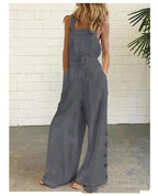 Plush Fashion Hub high-waisted sleeveless denim jumpsuit with wide legs in 8 colors, available in sizes S to 2XL.
