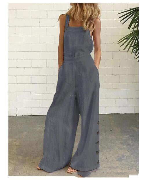 Plush Fashion Hub high-waisted sleeveless denim jumpsuit with wide legs in 8 colors, available in sizes S to 2XL.