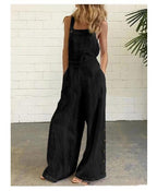 High-waisted sleeveless denim jumpsuit by Plush Fashion Hub featuring wide-leg design in 8 colors, available in sizes S to 2XL.