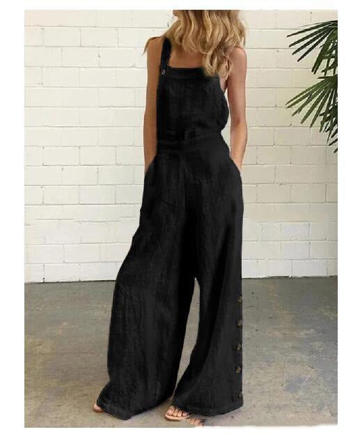 High-waisted sleeveless denim jumpsuit by Plush Fashion Hub featuring wide-leg design in 8 colors, available in sizes S to 2XL.