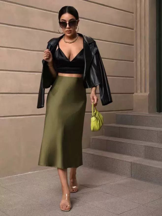 Satin mid-length fishtail skirt with hip wrap design for women, suitable for autumn fashion, by Bella Mia.