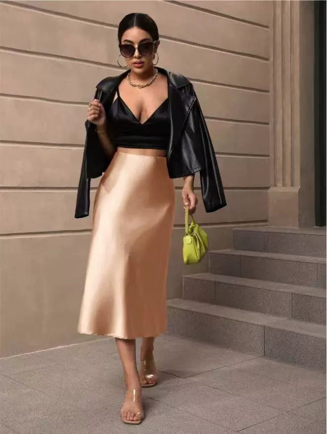 Satin hip-wrapped fishtail midi skirt for women in autumn, featuring a fitted waist and flared hem, from Bella Mia.