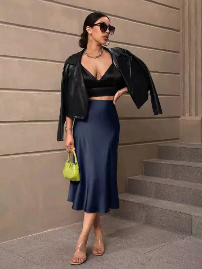 Elegant satin hip-wrapped fishtail skirt for women, mid-length design perfect for autumn fashion by Bella Mia.