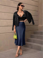Elegant satin hip-wrapped fishtail skirt for women, mid-length design perfect for autumn fashion by Bella Mia.