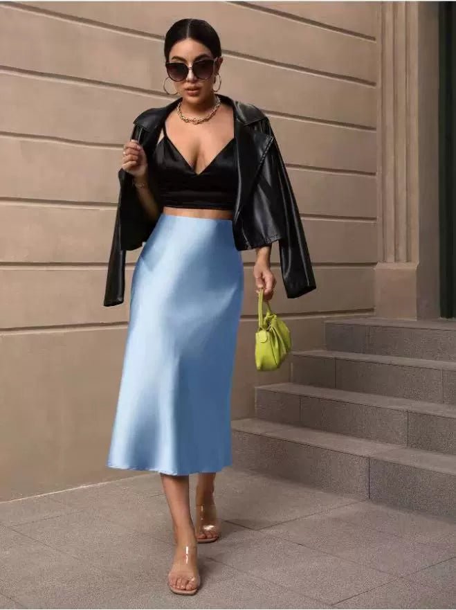 Satin hip-wrapped fishtail mid-length skirt for women, perfect for autumn, by Bella Mia, shown in stylish fashion setting.
