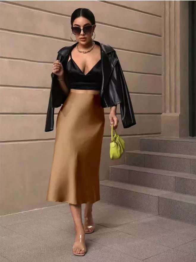 Satin mid-length fishtail skirt with hip wrap design, perfect for autumn women’s fashion, by Bella Mia.