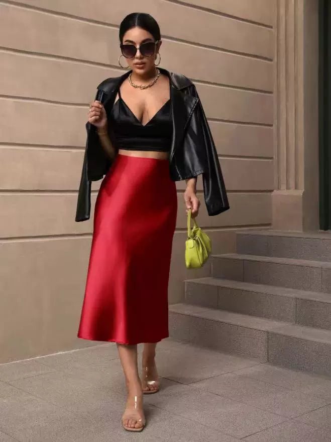 Bella Mia satin mid-length fishtail skirt with hip wrap design, ideal for autumn women's fashion, shown in a stylish pose.