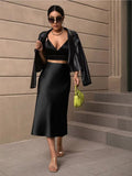 Satin mid-length fishtail skirt with hip wrap design, suitable for autumn women’s fashion, by Bella Mia.