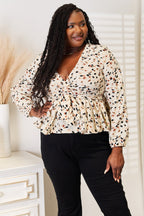 Honey print plunge neck tie-front peplum blouse for women, stylish and lightweight trendy apparel by Trendsi.