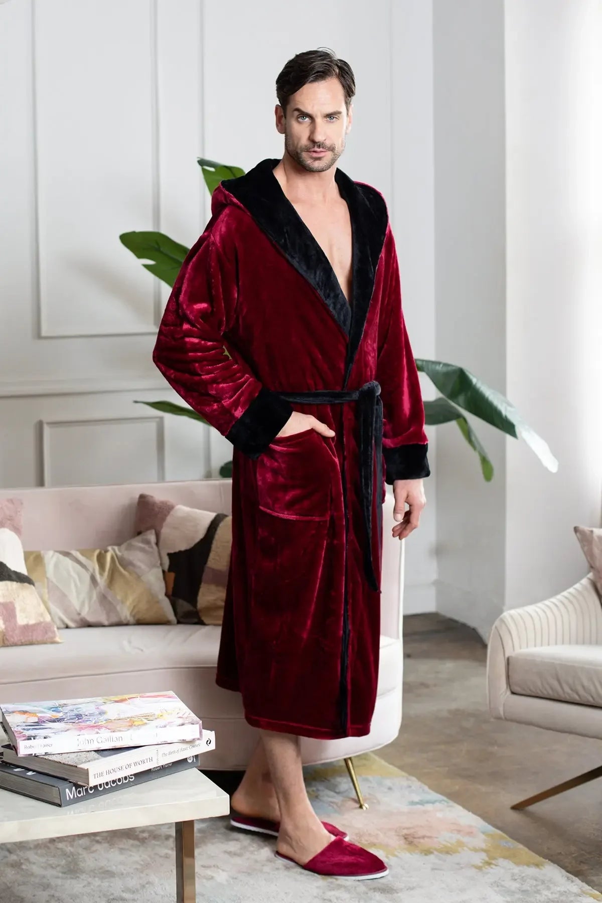 Men’s hooded robe from Plush Fashion Hub, made of ultra-soft plush fabric, perfect for cozy everyday wear.