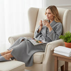 Women’s lightweight waffle piping bathrobe from Plush Fashion Hub, spa-style comfort with soft, textured fabric and relaxed fit.