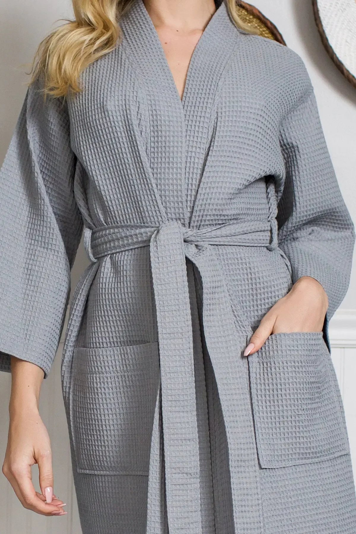 Knee-length waffle robe for women by Plush Fashion Hub, soft, cozy, and stylish with a textured waffle pattern.